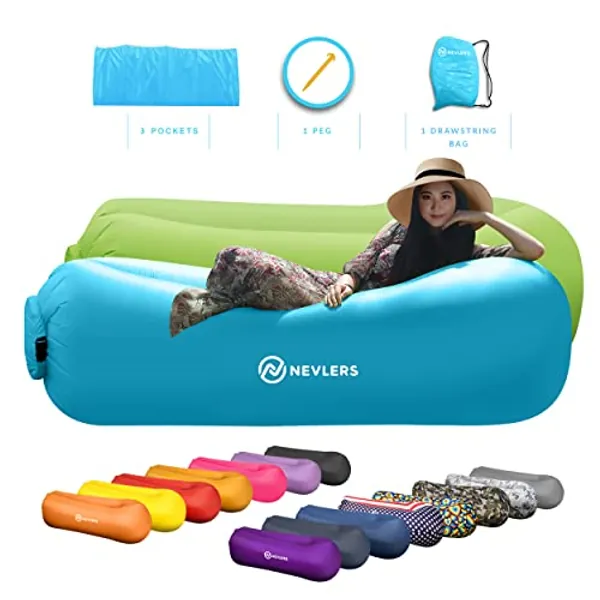 Nevlers 2 Pack Inflatable Loungers Air Sofa Couch | Perfect for Beach Chair Camping Chairs or Portable Hammock |Travel Bag Pouch, Pegs & 3 Pockets| Movie Seating & Camping Accessories Blow Up Lounger