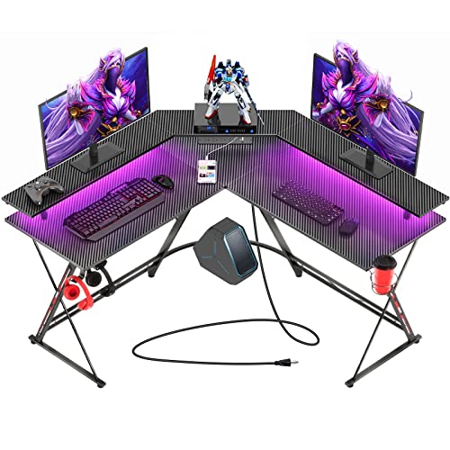 SEVEN WARRIOR L Shaped Gaming Desk with LED Lights & Power Outlets, 50.4” Computer Desk with Monitor Stand & Carbon Fiber Surface, Corner Desk with Cup Holder, Gaming Table with Hooks, Black - Black - 50.4 INCH