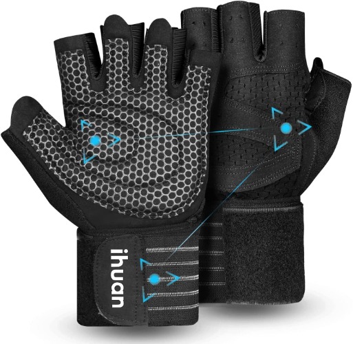 ihuan Ventilated Weight Lifting Gym Workout Gloves with Wrist Wrap Support for Men & Women, Full Palm Protection, for Weightlifting, Training, Fitness, Hanging, Pull ups - Black Large