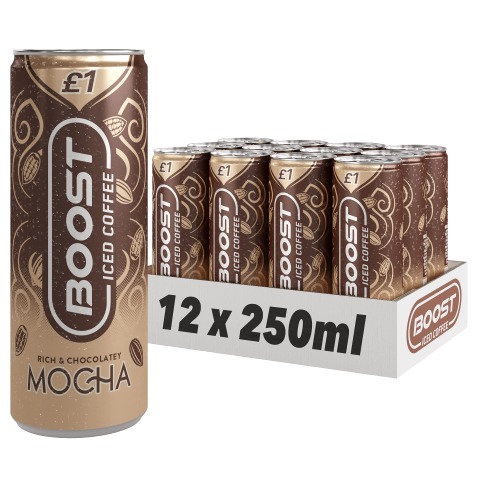 Boost Iced Coffee Mocha, 12 x 250 ml, Ready-To-Drink Cold Brew Coffee Drink, The Perfect Caffeine Boost, A Rich & Chocolately Blend of 100% Arabica and Robusta Beans with Cocoa and Milk