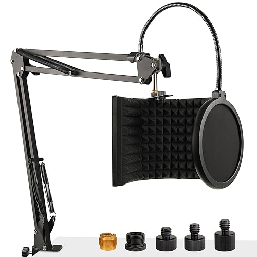 Microphone Isolation Shield with Mic Stand and Pop Filter, Foldable Sound Shield for Most Condenser Microphone Recording Equipment Studio, High Density Absorbent Foam to Filter Vocal by Frgyee - Acoustic Foam_Set