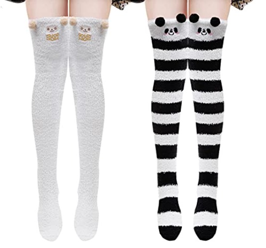 Womens Thigh High Fuzzy Socks Cute Cartoon over the knee Stockings Warm Stripe Leg Warmers - 2 Pair Sheep/Panda