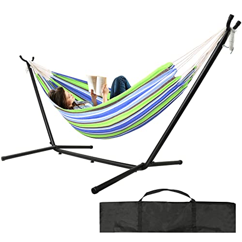 Grecodown Hammock with Stand, 450 lbs Weight Capacity Steel Hammock, Portable Hammock with Space Saving Carrying Bag for Indoor Outdoor Patio - Blue/Green Stripes