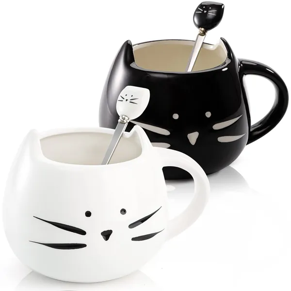ZEAYEA Set of 2 Cat Coffee Mug, 12 oz Porcelain Cute Tea Milk Cup with Spoon for Women Girls Cat Lovers, Kitty Couple Mugs Best Gift for Christmas, Birthday, Anniversary, White and Black
