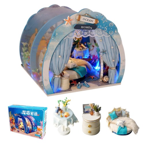 erhumama Ozean-Tunnel-Puppenhaus mit Möbeln, LED-Licht-Kit zum Selbermachen, Miniatur-Holzpuppenhaus, romantische Kunst, Handarbeit, kreatives Zimmer-Geschenke - 