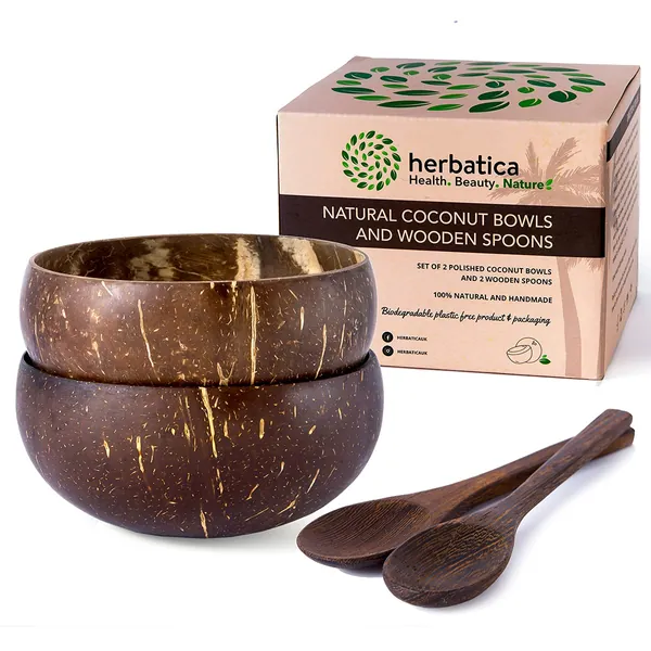 Ecomotions Kokosnuss Schalen 2er Set mit Holzlöffeln | 100% Natürlich & Vegan Handgefertigt mit Kokosöl poliert | Kokosschalen Schüssel Set (Holzlöffel)