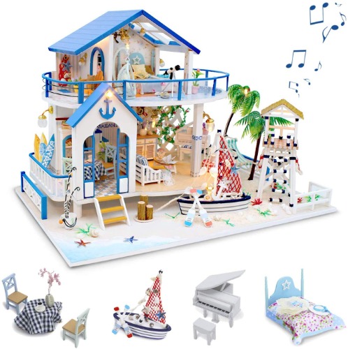 GuDoQi DIY Hölzernes Puppenhaus Kit, Miniatur Puppenhaus mit Möbeln und Musik, Handgefertigte Mini Haus Kit, Blue Sea Legende - 