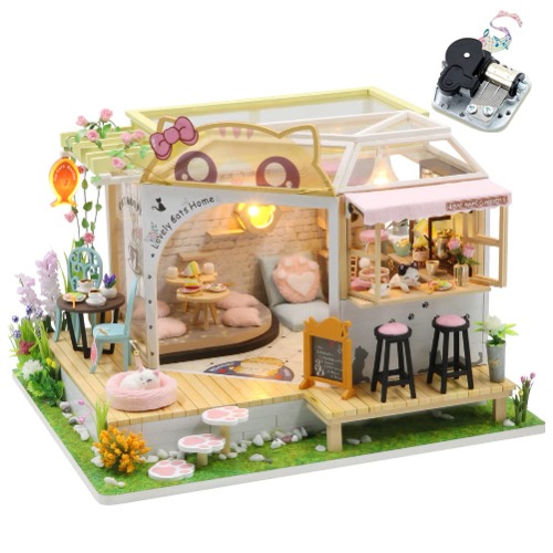 DIY Katze Cafe Garten Puppenhaus Miniatur-Kit mit Möbeln, Maßstab 1:24, kreatives Zimmer für Geschenk DIY Miniatur-Puppenhaus Kit mit Musikwerk - 