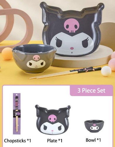 Sanrio Ceramic bowls and plates | Kuromi / 3 Piece Set （Bowl+Plate+Chopsticks ）