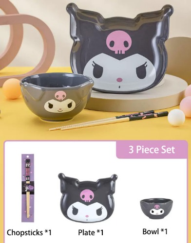 Sanrio Ceramic bowls and plates | Kuromi / 3 Piece Set （Bowl+Plate+Chopsticks ）