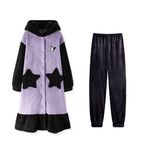 Sanrio Plush Pajamas  set Winter Warm Robe Women's Long Pajamas Girls | Kuromi / S