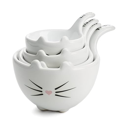 White Ceramic Cat Measuring Cups: Set of Cat Shaped Bowls - 1 Cup, 1/2 Cup, 1/3 Cup and 1/4 Cup - Cat Measuring Cup