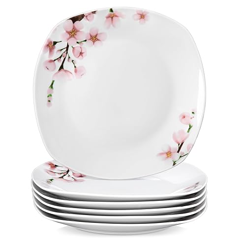 VEWEET Dinner Plates Set of 6, 9.8 Inch Ceramic Plates Pink Floral Plates, Square Plate Set Porcelain Salad Plates for Kitchen, Microwave Dishwasher Safe, Series Annie - Annie - Square(6 Piece)
