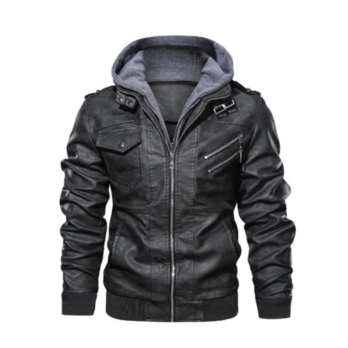 Mens Hooded Faux Leather Biker Jacket - BLACK / S