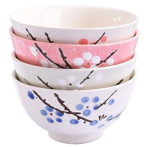 Whitenesser Japanese Rice Bowls Set of 4 - Japanese Style Hand-painted Floral Plum Ceramic Bowls set of 4 Color For Dessert Snack Cereal Soup - Sc