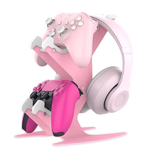 Controller Holder Pink, Game Controller Rack Headset Stand for Xbox Series X S/Xbox one / PS5 / PS4 / NS/PC/Headset, Aluminum Metal Headset Mount Universal Organizer for Video Game Accessories - Pink