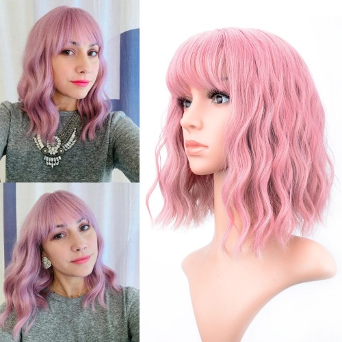 VCKOVCKO Pastel Wavy Wig With Air Bangs Women's Short Bob Purple Pink Wigs Curly Wavy Shoulder Length Pastel Bob Synthetic Cosplay Wig for Girls Daily Use Colorful Wigs(12", Purple Pink) - A-Purple Pink