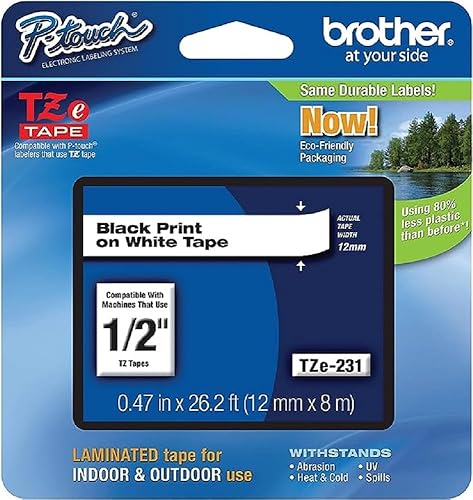 Brother Genuine P-touch TZE-231 Tape, 1/2" (0.47") Wide Standard Laminated Tape, Black on white, Laminated for Indoor or Outdoor Use, Water-Resistant, 0.47" x 26.2' (12mm x 8M), TZE231 - TZe231 - Pack of 1