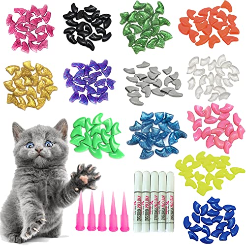 YMCCOOL 100pcs Cat Nail Caps/Tips Pet Cat Kitty Soft Claws Covers Control Paws of 10 Nails Caps and 5Pcs Adhesive Glue 5 Applicator with Instruction - S