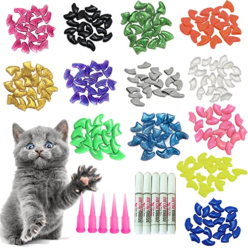 YMCCOOL 100pcs Cat Nail Caps/Tips Pet Cat Kitty Soft Claws Covers Control Paws of 10 Nails Caps and 5Pcs Adhesive Glue 5 Applicator with Instruction - Medium