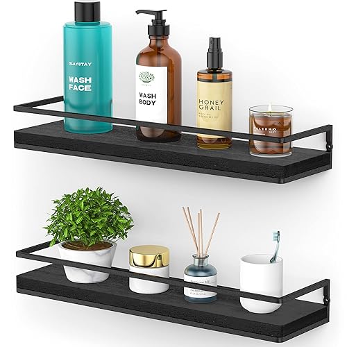 Meangood Floating Shelves Wall Mounted Set of 2, Rustic Wood Wall Storage Shelves for Bedroom,Living Room,Bathroom, Kitchen (Black) - Black - 2 Pack