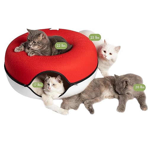 CATTASAURUS Peekaboo Cat Cave for Multiple Cats & Large Cats, for Cats Up to 30 Lbs, Cat Caves for Indoor Cats, Cat Tunnel Bed, Scratch Detachable & Washable Tunnel Cat Bed (Large, Ruby Snowball) - Large - Ruby Snowball