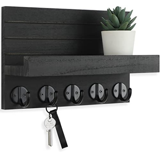 Lwenki Key Holder for Wall, Decorative Key and Mail Holder with Shelf Has Large Hooks for Bags, Coats, Umbrella – Paulownia Wood Key Hanger with Mounting Hardware (9.8”W x 6.7”H x 4.2”D) - Black