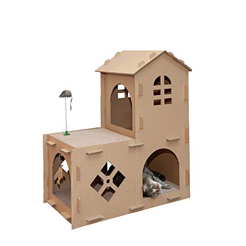 Furhaven Multi-Level Cardboard Cat House w/ Catnip for Indoor Cats, Ft. Scratching Pads & Toys - Farmhouse Corrugated Cat Scratcher Hideout - Cardboard Brown, One Size - Corrugated Scratcher - One Size - Farmhouse Playground