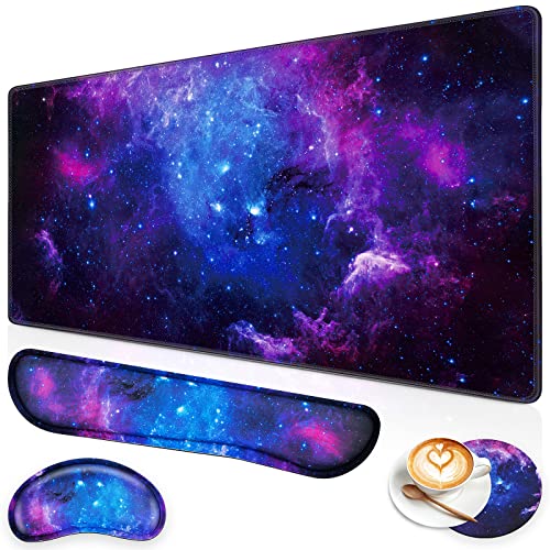 Gaming Mouse Pad Set, Canjoy 4-in-1 XXL Large Mouse Pad + Keyboard Wrist Rest Support+ Coaster, (35.4×15.7 in) Extended Desk Pad Memory Foam Non-Slip Desk Mat for Home Office - Blue Galaxy