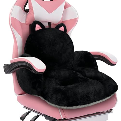 QIUODO Cute Chair Cushion, Gaming Chair Cushion with Backrest Non-Slip, Comfy Seat Cushion for Office Desk, Kawaii Chair Cushions for Gamer, Soft Chair Cushion for Room Bedroom Decor（Black Kitty） - Black Kitty
