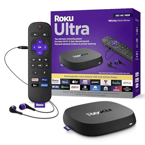Roku Ultra | The Ultimate Streaming Device 4K/HDR/Dolby Vision/Atmos, Rechargeable Roku Voice Remote Pro, Ethernet Port, Hands-Free Controls, Lost Remote Finder, Free & Live TV - Black