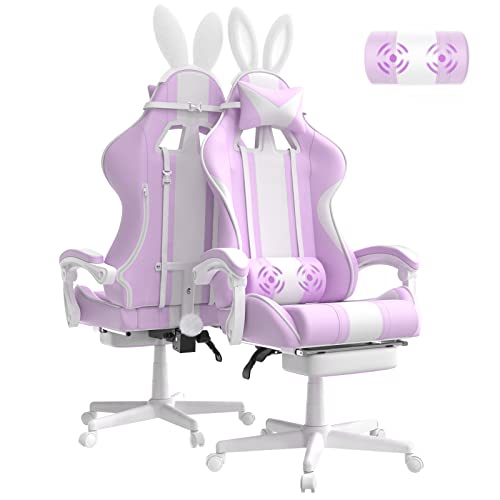FERGHANA Kawaii Light Purple Gaming Chair with Bunny Ears, Ergonomic Cute Gamer Chair with Footrest and Massage, Racing Reclining Leather Office Computer Game Chair 250lbs for Girls Adults Teens Kids - Racing Version - Light Purple
