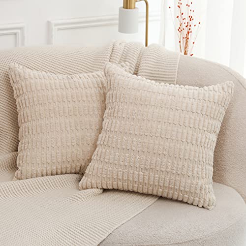 Mandioo Set of 2 Beige Striped Corduroy Boho Cushion Covers 60x60 cm 24x24 Inch Super Soft Decorative Throw Pillow Cases Square Plush Pillowcases for Couch Sofa Bed Farmhouse - Beige - 60x60