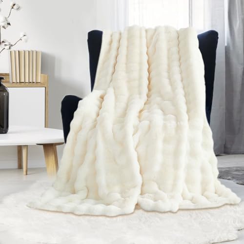 Luxury Plush Throw Blanket - Super Soft Cozy Fuzzy Blanket Faux Fur Blanket Lightweight Blankets Warm Bed Throws for Couch Bed Sofa (W160 x L200CM, White) - White - W160 x L200CM