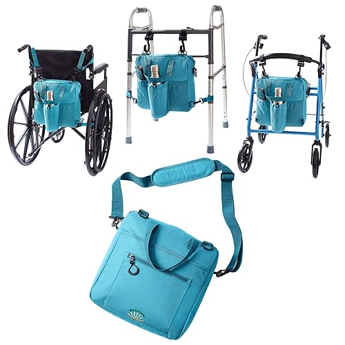 Rollatote Go-Getter Lightweight Nylon, Easy Hook On & Off Messenger Bag for Walkers, Rollators, Wheelchairs, Scooters, Bottle Holder, Soft-Lined Glasses Pocket, Padded Interior (Blue) - Blue