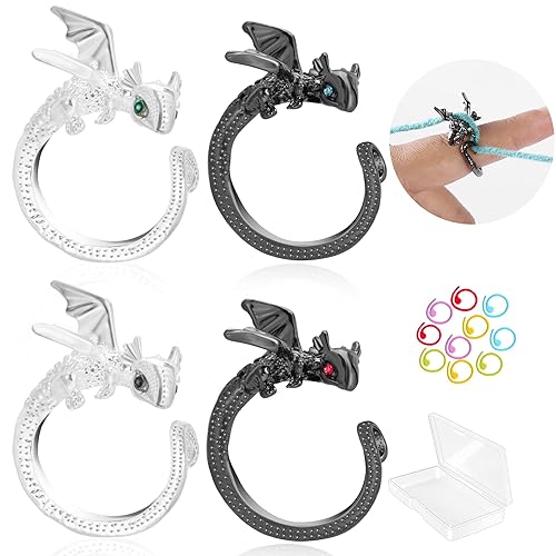 4PCS Dragon Crochet Tension Rings and 10PCS Metal Spiral Stitch Markers for Knitting with Storage Box Adjustable Dragon Yarn Ring