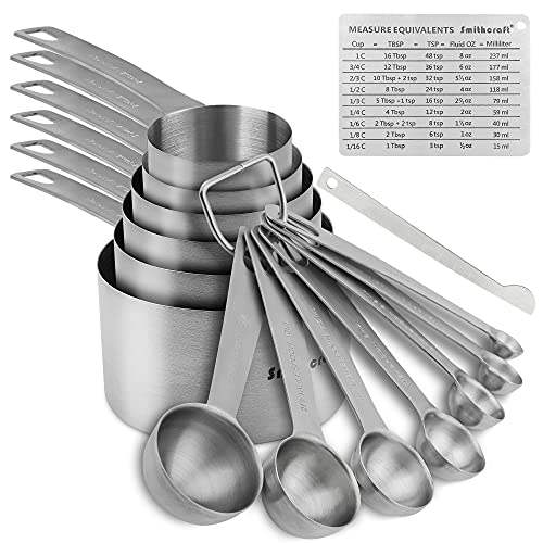 Measuring Cups and Spoons Set, Stainless Steel Measuring Cups and Spoons Set of 17pcs: 6 Measuring Cups and 7 Measuring Spoons 1 Leveler 1 Measure Equivalents and 2 Locking Rings, Baking Measuring cups, Kitchen Measuring Cups, Cooking Measure Cups - B1: 6cups+7spoons+1leveler+1measure equivalents+2rings