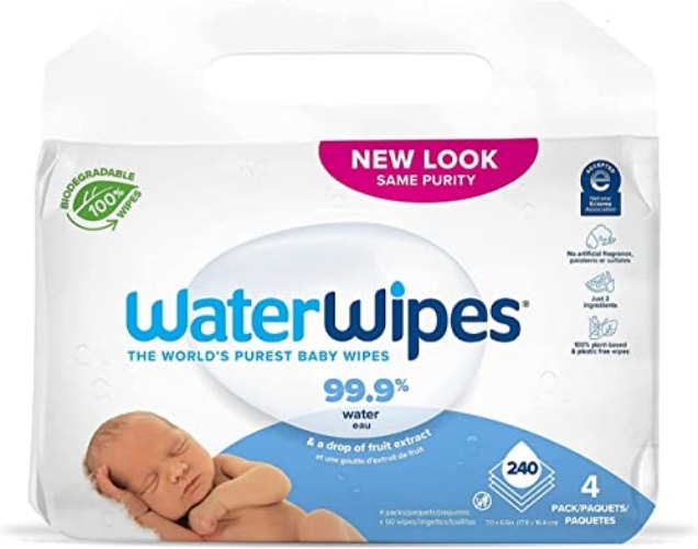 WaterWipes Plastic-Free Original Baby Wipes, 99.9% Water Based Wipes, Unscented & Hypoallergenic for Sensitive Skin, 240 Count (4 packs), Packaging May Vary - 60 Count (Pack of 4)