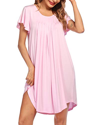 Ekouaer Nightgown Womens Sleepshirt Soft Sleepwear Pleated Nightshirt Comfy Sleep Dress Short Sleeve Flare Nightdress S-3XL - XX-Large - A-Misty Rose