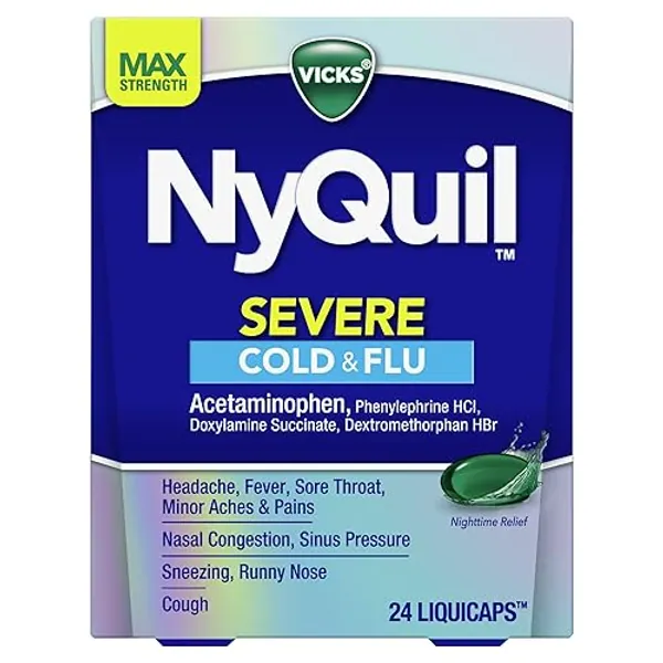Vicks NyQuil Severe Cold, Flu, & Congestion Medicine, 24 Liquicaps, Maximum Strength, 24Count - 24 Count (Pack of 1)