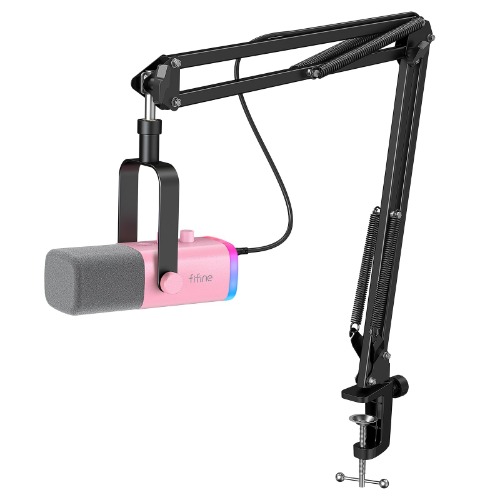 FIFINE Micrófono XLR para Juegos USB, Kit de micrófono dinámico para PC, para Vocal, grabación, Podcast, transmisión de micrófono RGB con Conector para Auriculares, botón de Silencio- AM8T Rosa - Rosa