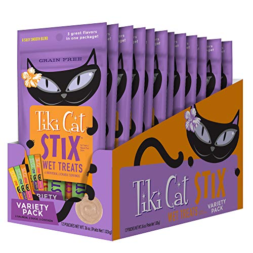 Tiki Cat Stix Mousse Treats, Single Serve Indulgent Lickable Treat or Dry Food Topper, Variety Pack with Salmon, Chicken, and Tuna, 3 oz. Pouch (Pack of 12)