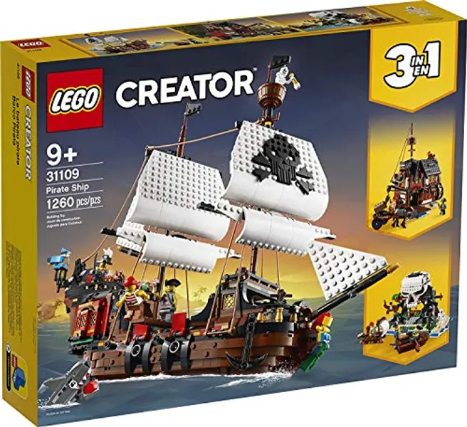 LEGO Creator 3in1 Pirate Ship 31109 Building Set - Toy Ship with Inn, Skull Island, Featuring 4 Minifigures, Shark Figure, Gift for Kids, Boys, and Girls Ages 9+ Years Old