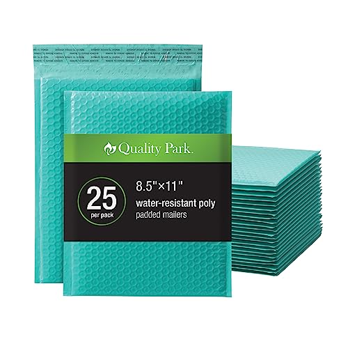 Quality Park Bubble Mailers, 8.5 x 11 Inch, Teal Poly Mailers, Padded Envelopes, Shipping Envelopes, Water Resistant, Self Seal, 25 Per Box (QUA8560) - Teal