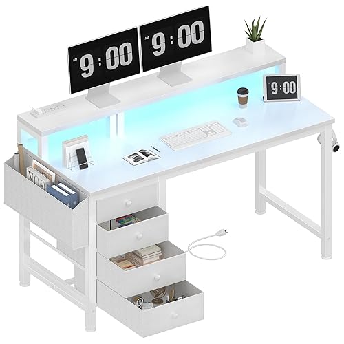 Lufeiya White Desk with 4 Drawers - 47 inch Gaming Desk with Monitor Stand, Computer Gaming Desk with LED Lights Power Outlets and Storage Bag Fabric Drawer for Home Office, Bedroom, White - 47.2" - White