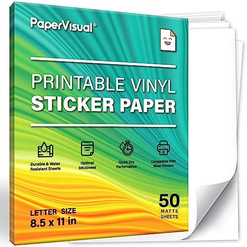 PAPERVISUAL 50 Printable Sticker Papers for Inkjet Printer - Matte White Waterproof Sticker Printer Paper - 8.5 x 11 Inches, Thick, Smudge Proof, Jam Tear Resistant - Inkjet & Laser Printer compatible - 50 Sheets Pack