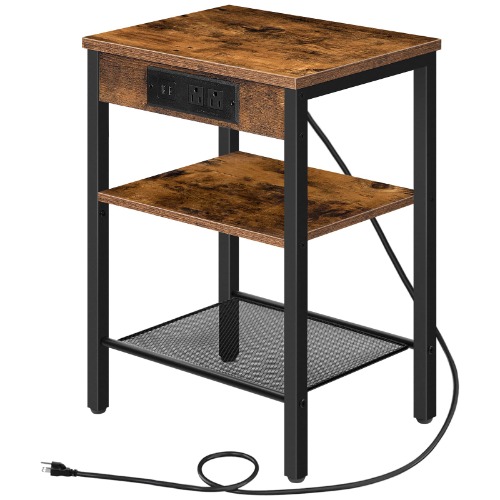 HOOBRO End Table with Charging Station and USB Ports, 3-Tier Nightstand with Adjustable Shelf, Narrow Side Table for Small Space in Living Room, Bedroom and Balcony, Rustic Brown BF112BZ01 - 1 - Rustic Brown + Black