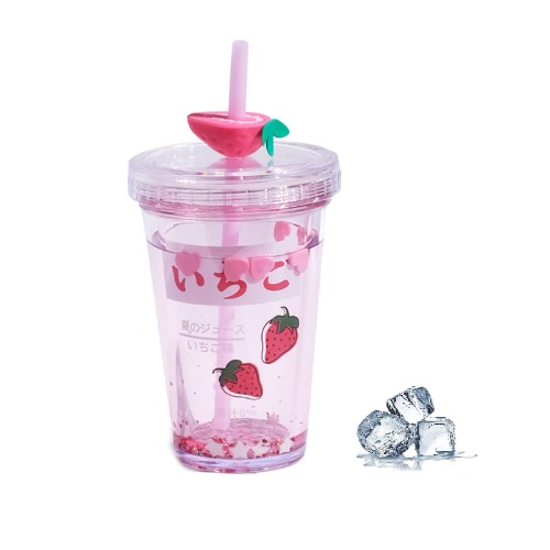 425 ml niedliche Wasserflasche mit Strohhalm, glitzernde doppelwandige Wasserflasche mit Strohhalm, Kawaii Cup Erdbeere Avocado Wasserflasche (Rosa) - Rose