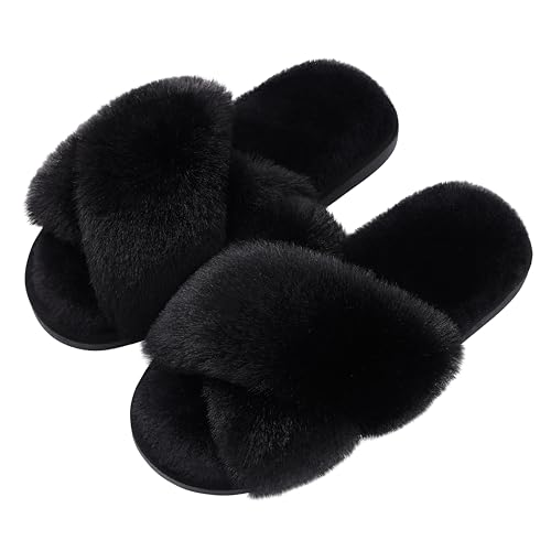 Evshine Women's Fuzzy Slippers Cross Band Memory Foam House Slippers Open Toe - 8.5-9.5 - Black