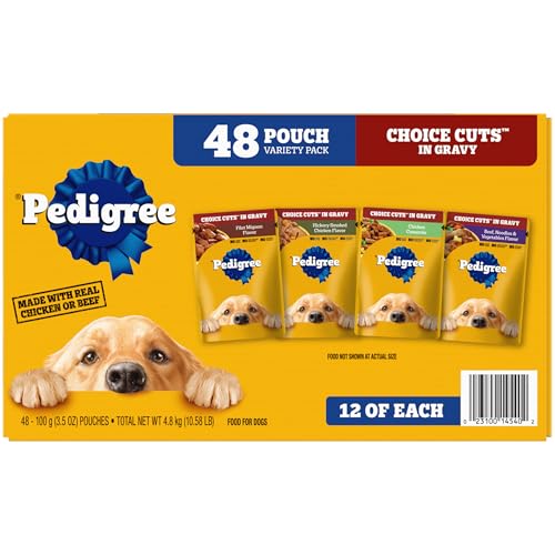Pedigree Choice CUTS in Gravy Soft Wet Dog Food, 48 Pouch Variety Pack, 3.5 oz. Pouches - Variety: Beef, Chicken, Filet - 3.5 Ounce (Pack of 48)